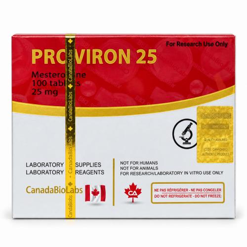 CanadaBioLabs Proviron 25 Mesterolone 25 mg, 100-tablet research-use packaging on a white background.