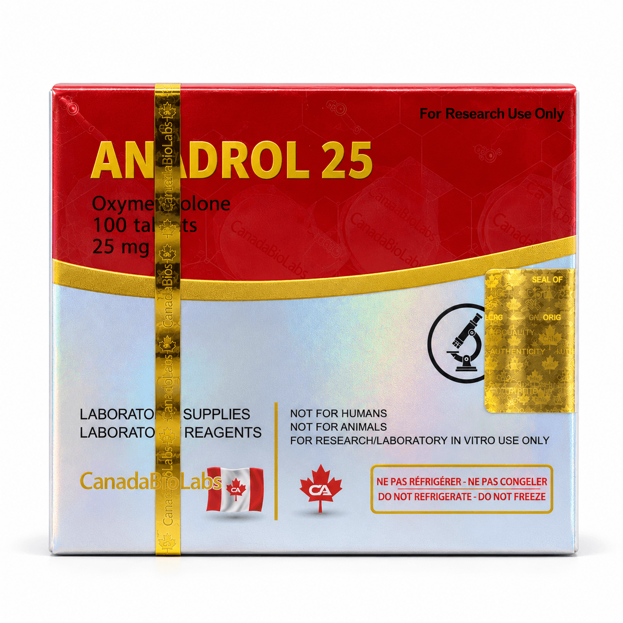 CanadaBioLabs Anadrol 25 product box with gold security strip, laboratory-use labeling, and holographic packaging on a white background.