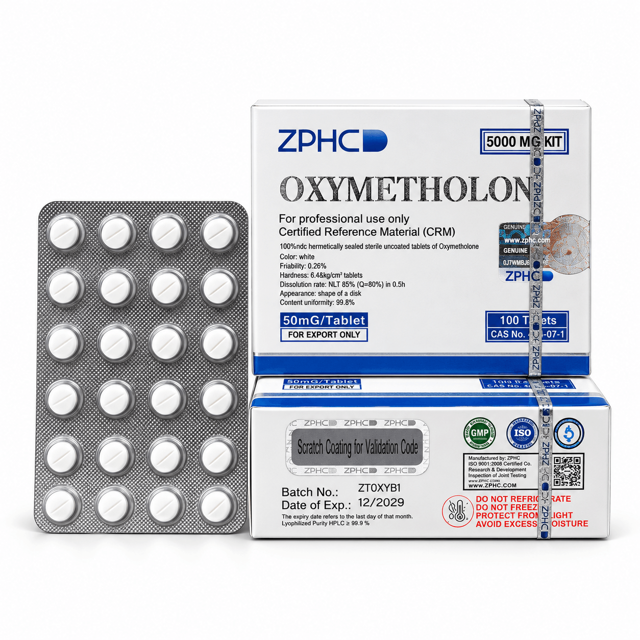 ZPHC Oxymetholone 50 mg tablet packaging with two white-and-blue boxes and a blister pack of white tablets on a clean white background.