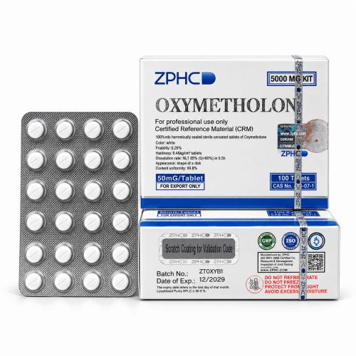 ZPHC Oxymetholone 50 mg tablet packaging with two white-and-blue boxes and a blister pack of white tablets on a clean white background.