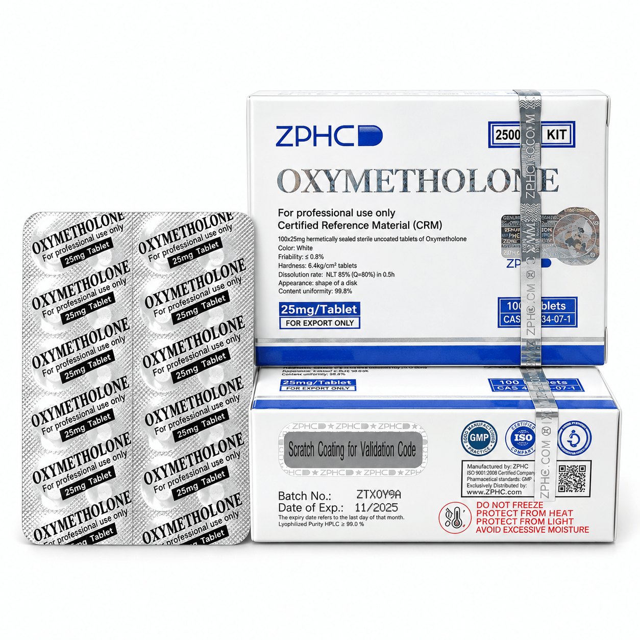 ZPHC Oxymetholone 25 mg packaging with two white-and-blue boxes and a blister pack of tablets on a clean white background.