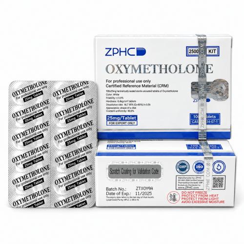 ZPHC Oxymetholone 25 mg packaging with two white-and-blue boxes and a blister pack of tablets on a clean white background.