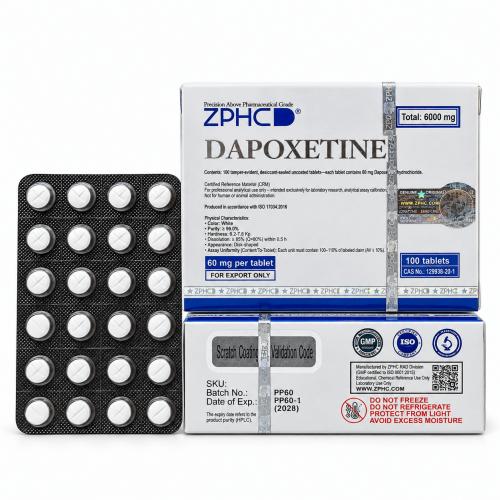 ZPHC Dapoxetine 60 mg tablet packaging with two white-and-blue boxes and a blister pack of white tablets on a clean white background.