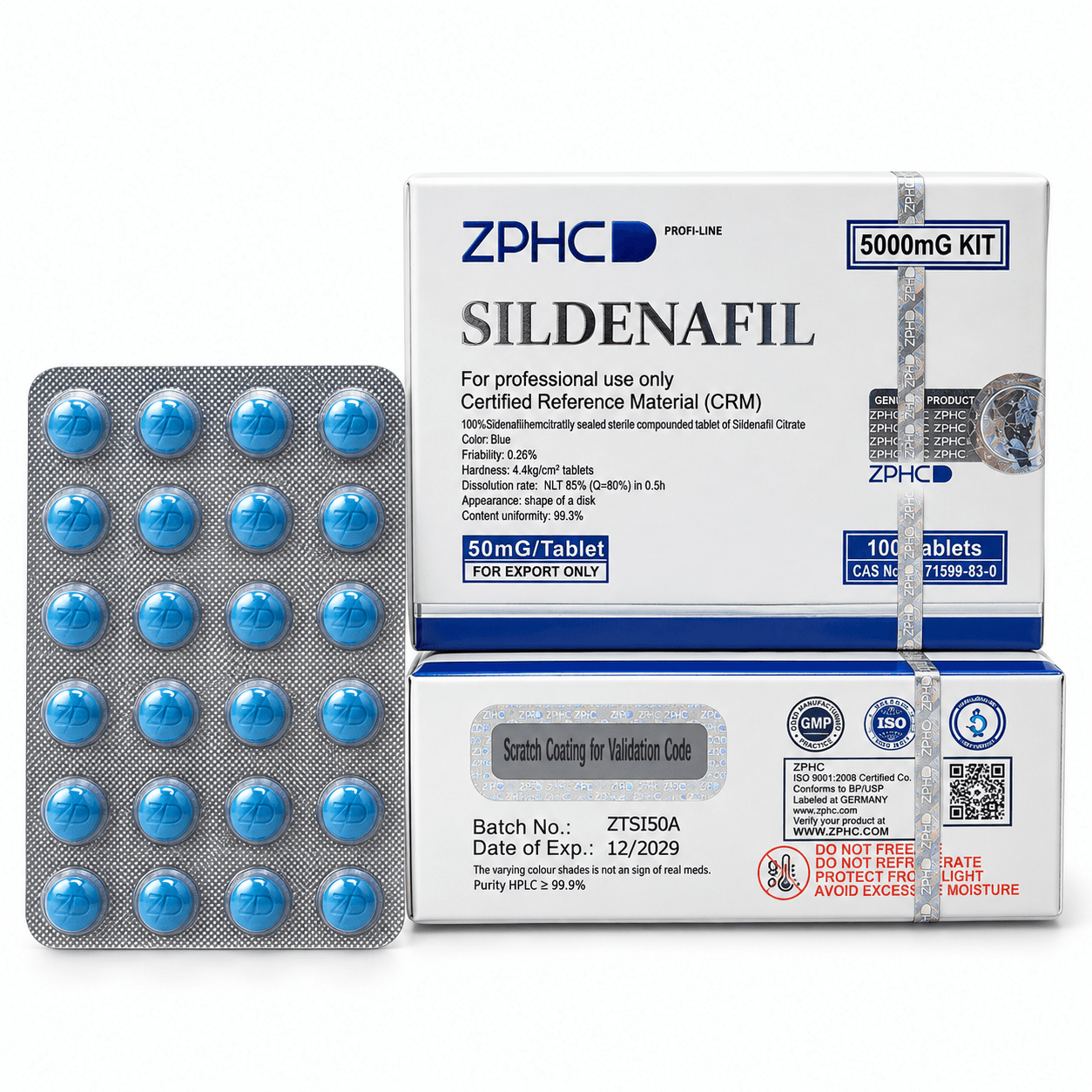 ZPHC Sildenafil 50 mg tablet packaging with two white-and-blue boxes and a blister pack of blue tablets on a clean white background.