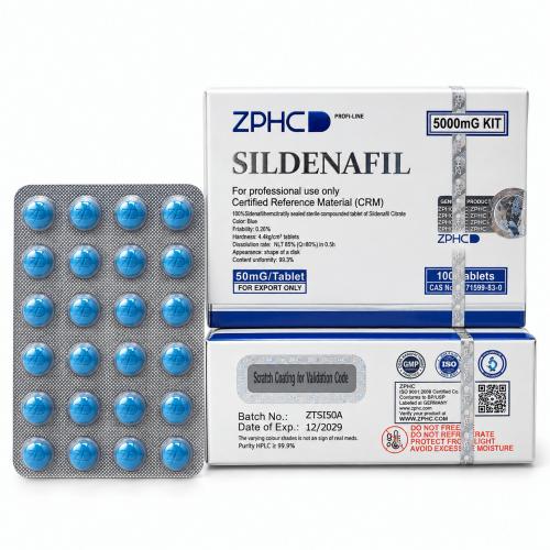 ZPHC Sildenafil 50 mg tablet packaging with two white-and-blue boxes and a blister pack of blue tablets on a clean white background.