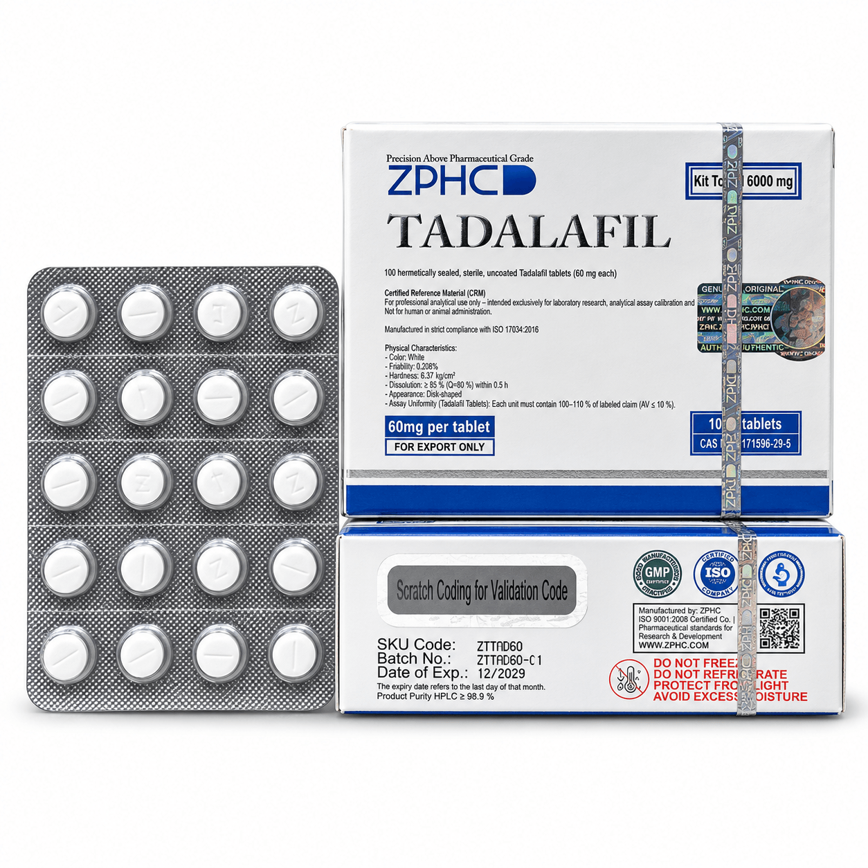 ZPHC Tadalafil 60 mg tablet packaging with two white-and-blue boxes and a blister pack of white tablets on a clean white background.