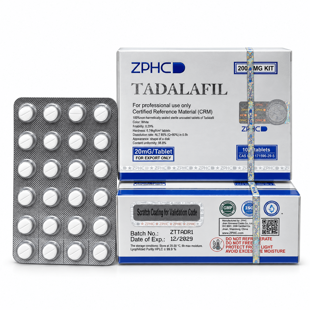 ZPHC Tadalafil 20 mg tablet packaging with two white-and-blue boxes and a blister pack of white tablets on a clean white background.