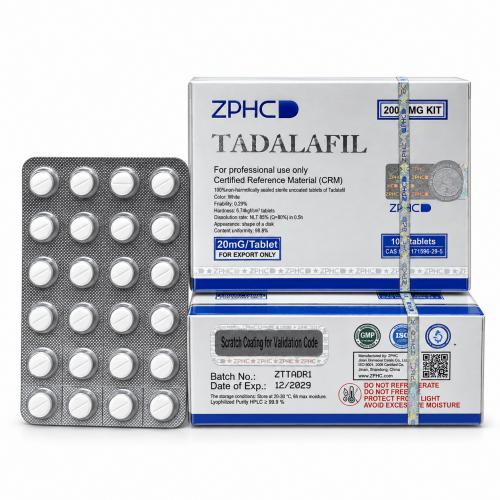 ZPHC Tadalafil 20 mg tablet packaging with two white-and-blue boxes and a blister pack of white tablets on a clean white background.