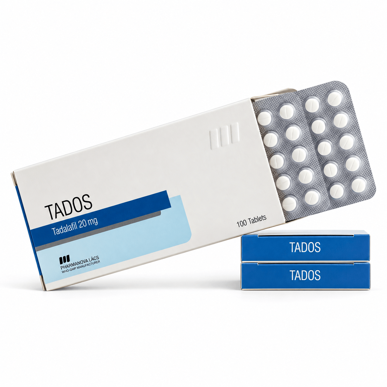 TADOS Tadalafil 20 mg packaging with a blister pack of white tablets and two blue boxes on a clean white background.