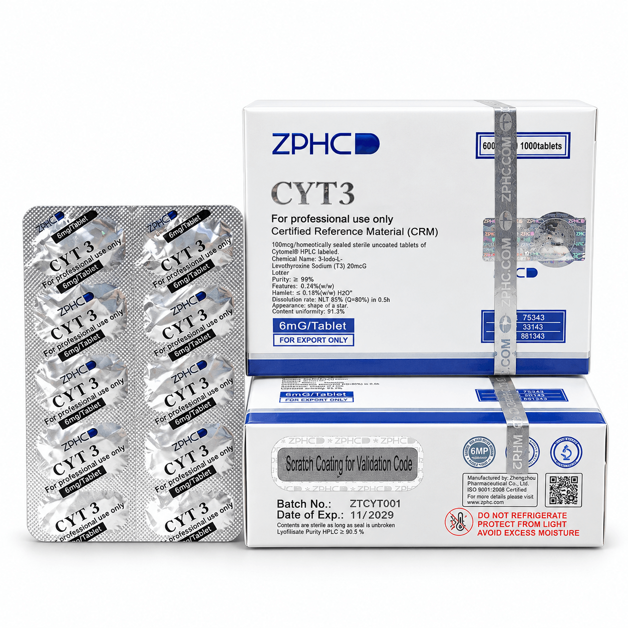 ZPHC CYT3 6 mg tablet packaging with two white-and-blue boxes and a blister pack on a clean white background.
