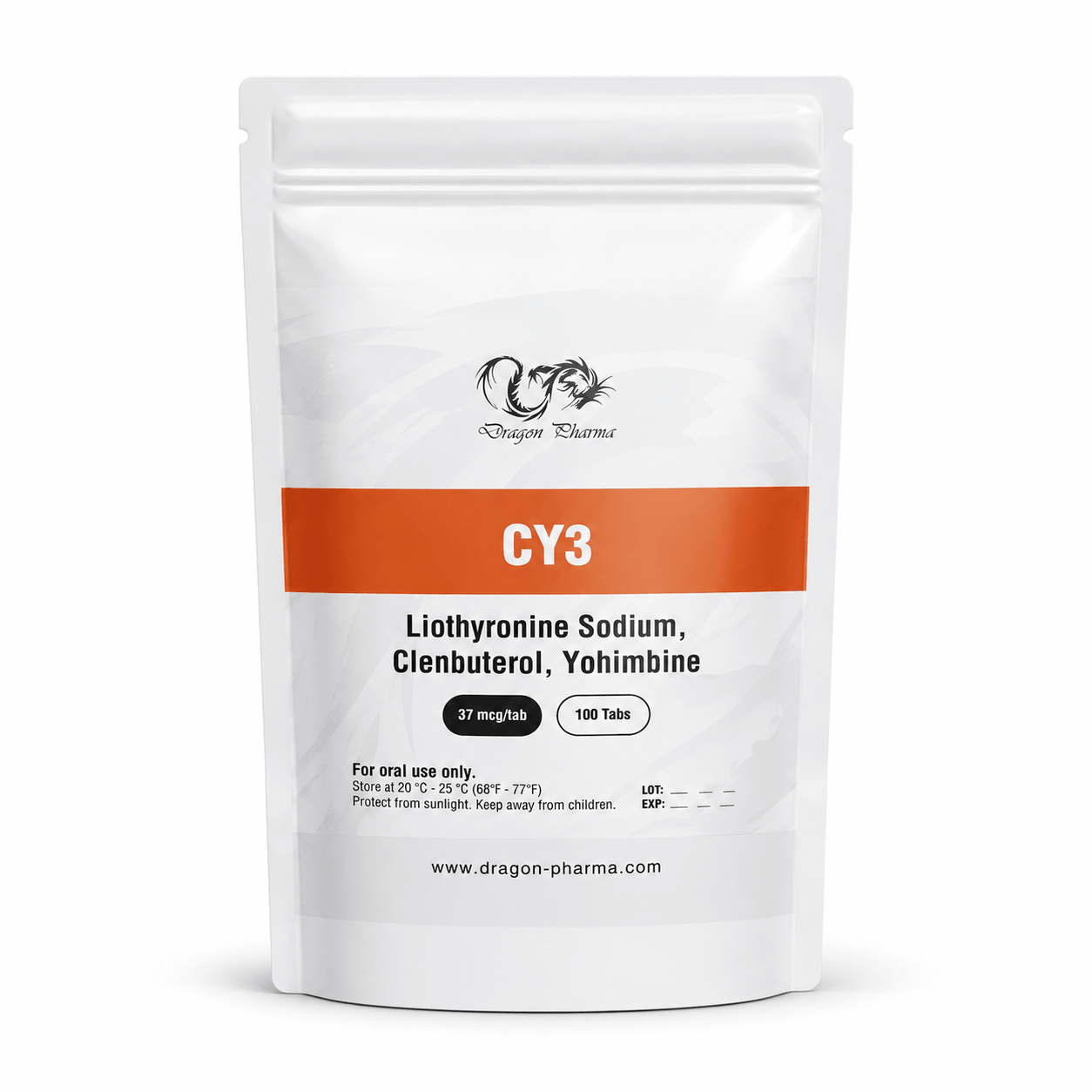 Dragon Pharma CY3 37 mcg tablets pouch containing liothyronine sodium, clenbuterol, and yohimbine on a clean white background.