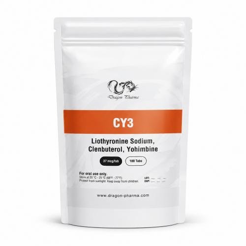 Dragon Pharma CY3 37 mcg tablets pouch containing liothyronine sodium, clenbuterol, and yohimbine on a clean white background.