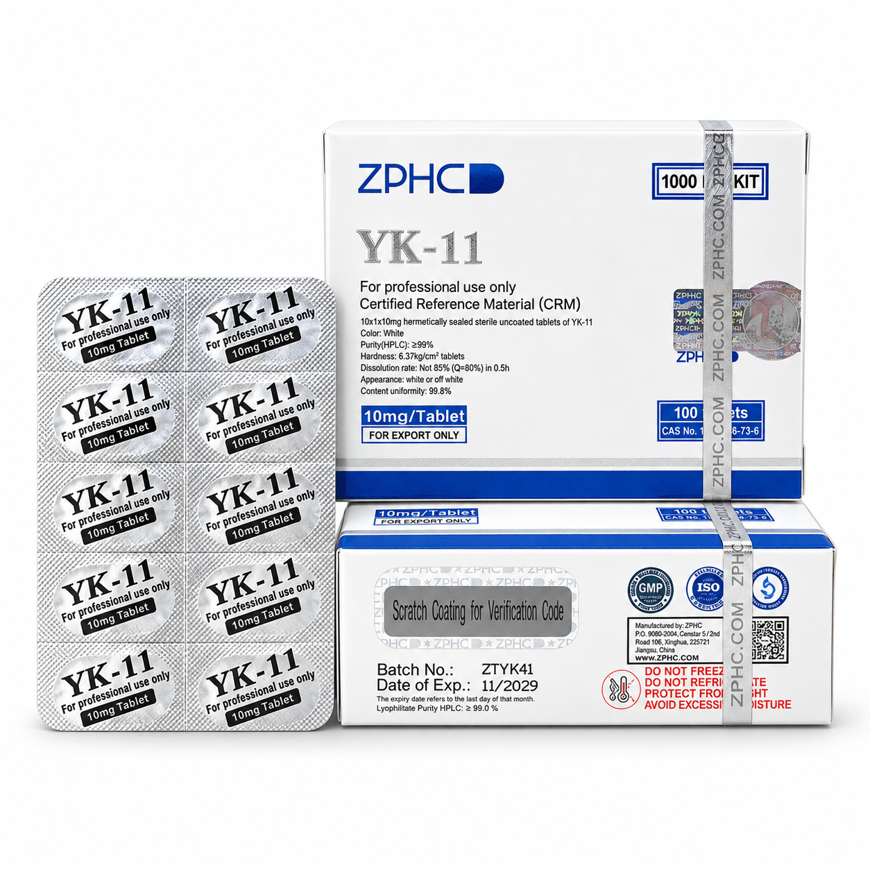 ZPHC YK-11 10 mg tablet packaging with two white-and-blue boxes and a blister pack on a clean white background.