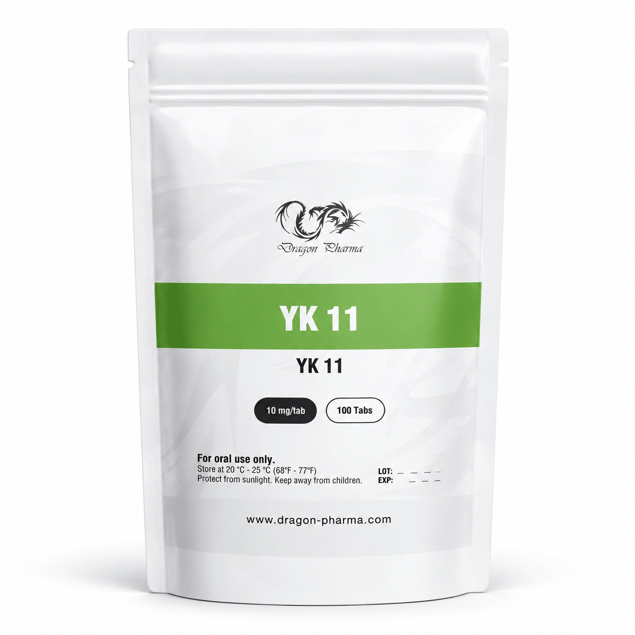 Dragon Pharma YK-11 10 mg tablet pouch with green label, 100-tablet packaging, on a clean white background.