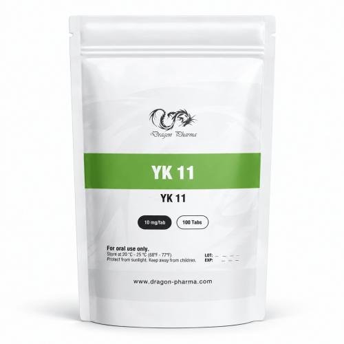 Dragon Pharma YK-11 10 mg tablet pouch with green label, 100-tablet packaging, on a clean white background.