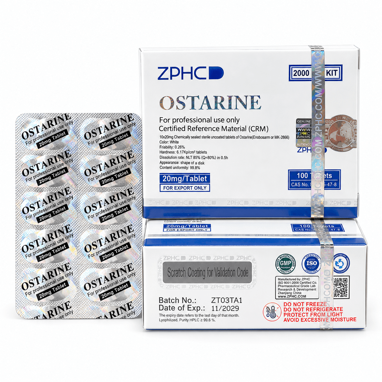 ZPHC Ostarine 20 mg tablet packaging with two white-and-blue boxes and a blister pack on a clean white background