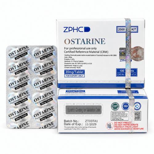 ZPHC Ostarine 20 mg tablet packaging with two white-and-blue boxes and a blister pack on a clean white background
