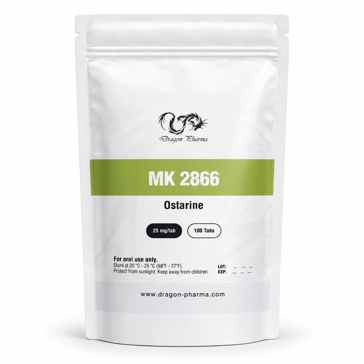Dragon Pharma MK-2866 Ostarine 25 mg tablet pouch containing 100 tablets on a clean white background.