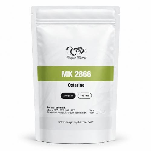 Dragon Pharma MK-2866 Ostarine 25 mg tablet pouch containing 100 tablets on a clean white background.