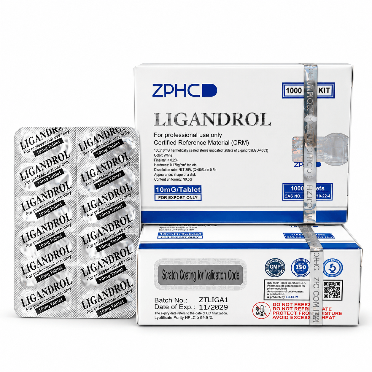 ZPHC Ligandrol (LGD-4033) 10 mg tablet packaging with two white-and-blue boxes and a blister pack on a clean white background.