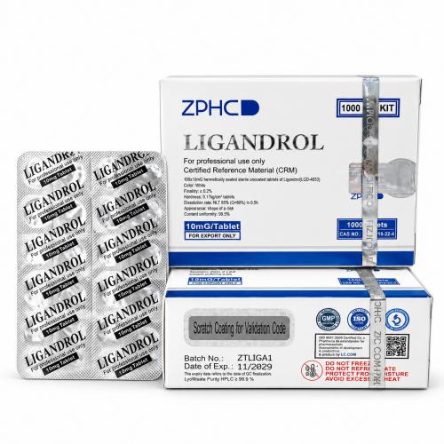 ZPHC Ligandrol (LGD-4033) 10 mg tablet packaging with two white-and-blue boxes and a blister pack on a clean white background.