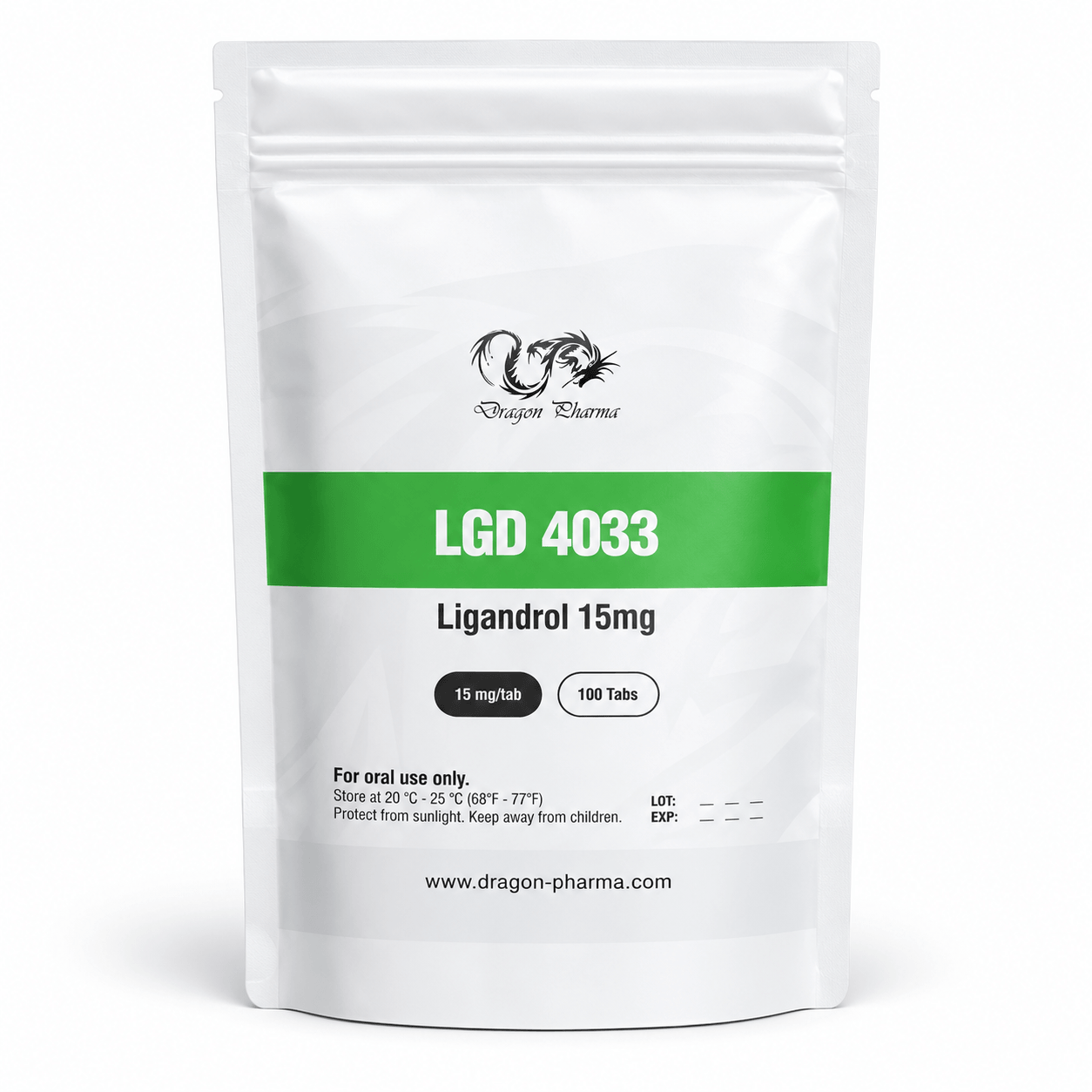 Dragon Pharma LGD-4033 Ligandrol 15 mg tablet pouch containing 100 tablets on a clean white background.