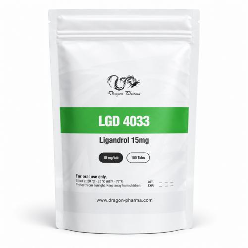 Dragon Pharma LGD-4033 Ligandrol 15 mg tablet pouch containing 100 tablets on a clean white background.
