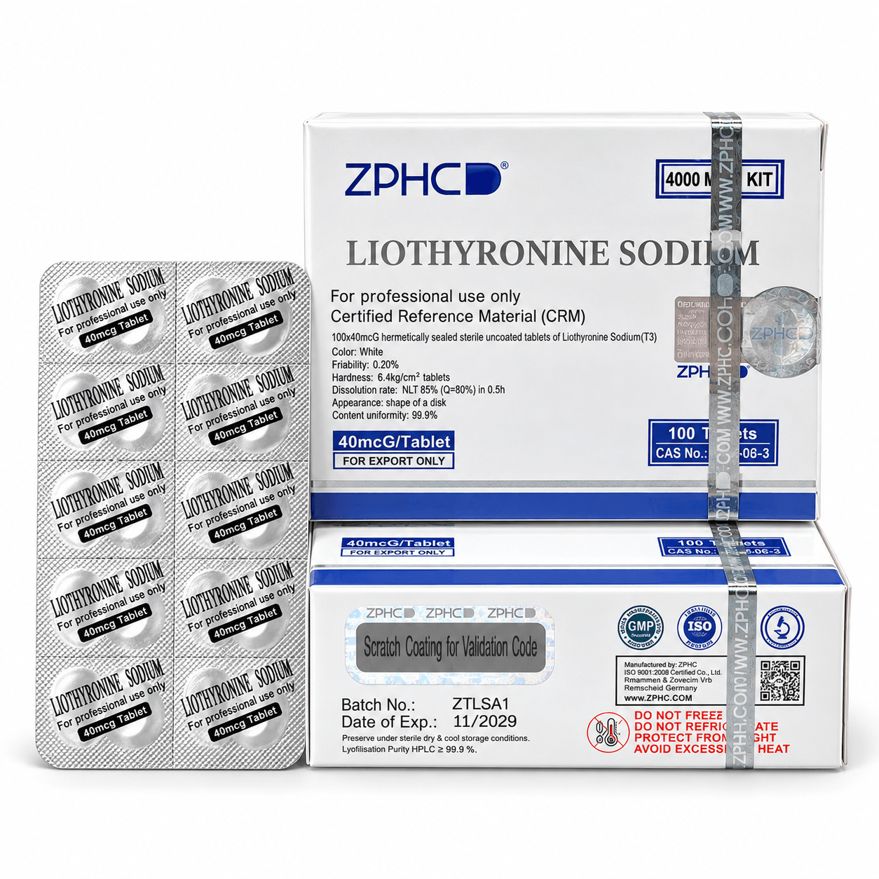 ZPHC Liothyronine Sodium (T3) 40 mcg tablet packaging with two white-and-blue boxes and a blister pack on a clean white background.
