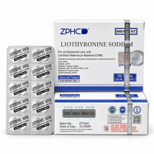 ZPHC Liothyronine Sodium (T3) 40 mcg tablet packaging with two white-and-blue boxes and a blister pack on a clean white background.