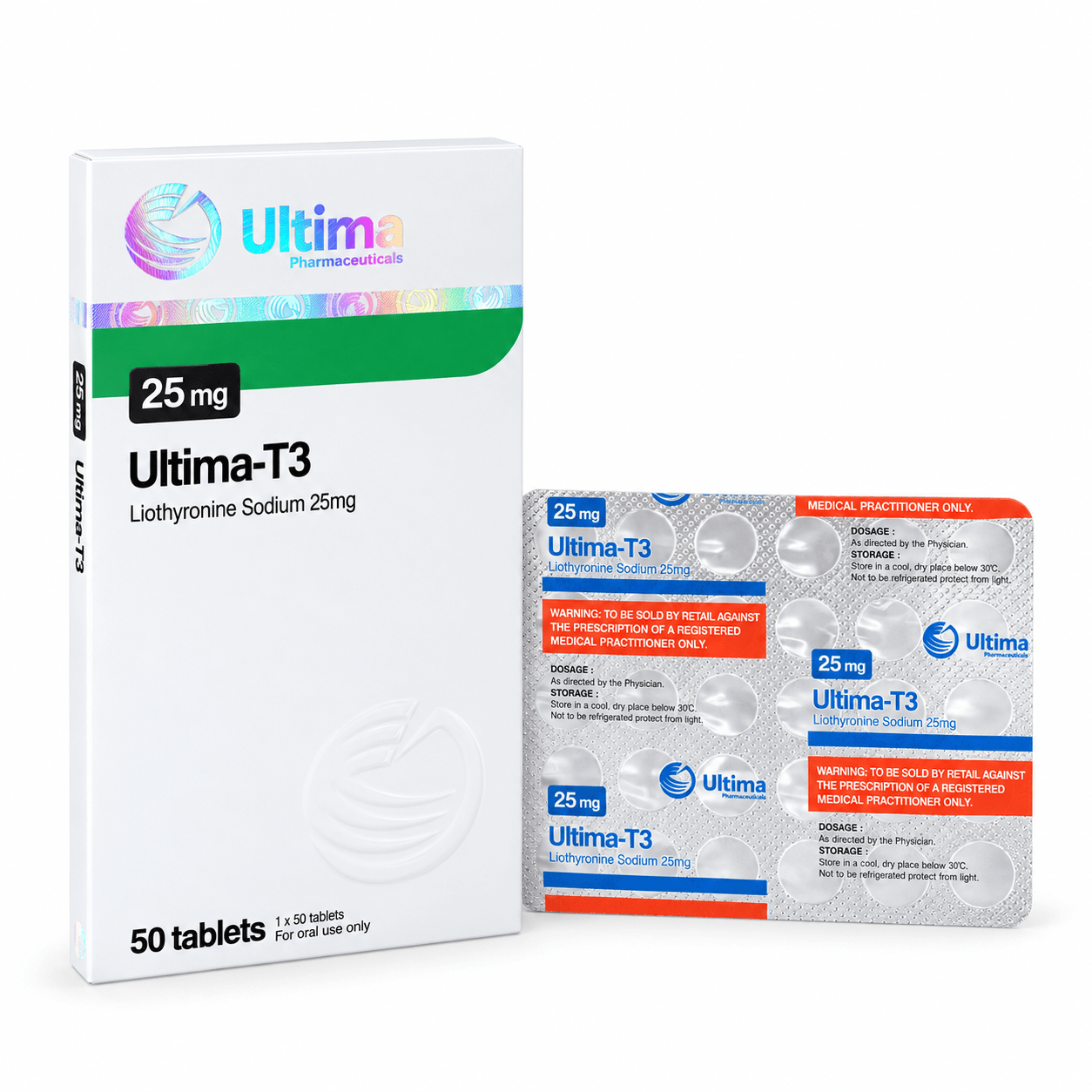 Ultima Pharmaceuticals Ultima-T3 Liothyronine Sodium 25 mg packaging with a 50-tablet box and blister pack on a clean white background.