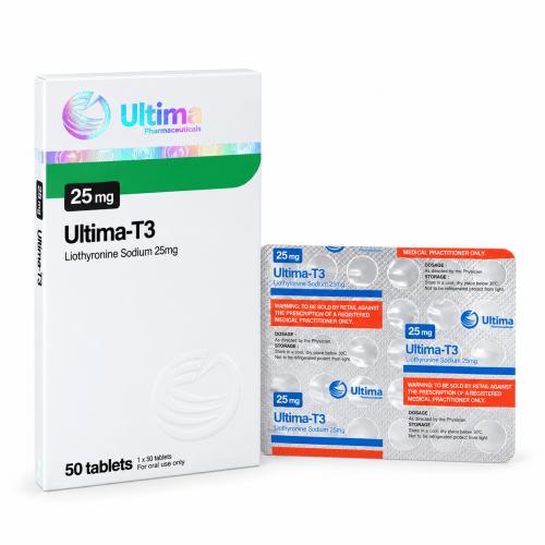 Ultima Pharmaceuticals Ultima-T3 Liothyronine Sodium 25 mg packaging with a 50-tablet box and blister pack on a clean white background.