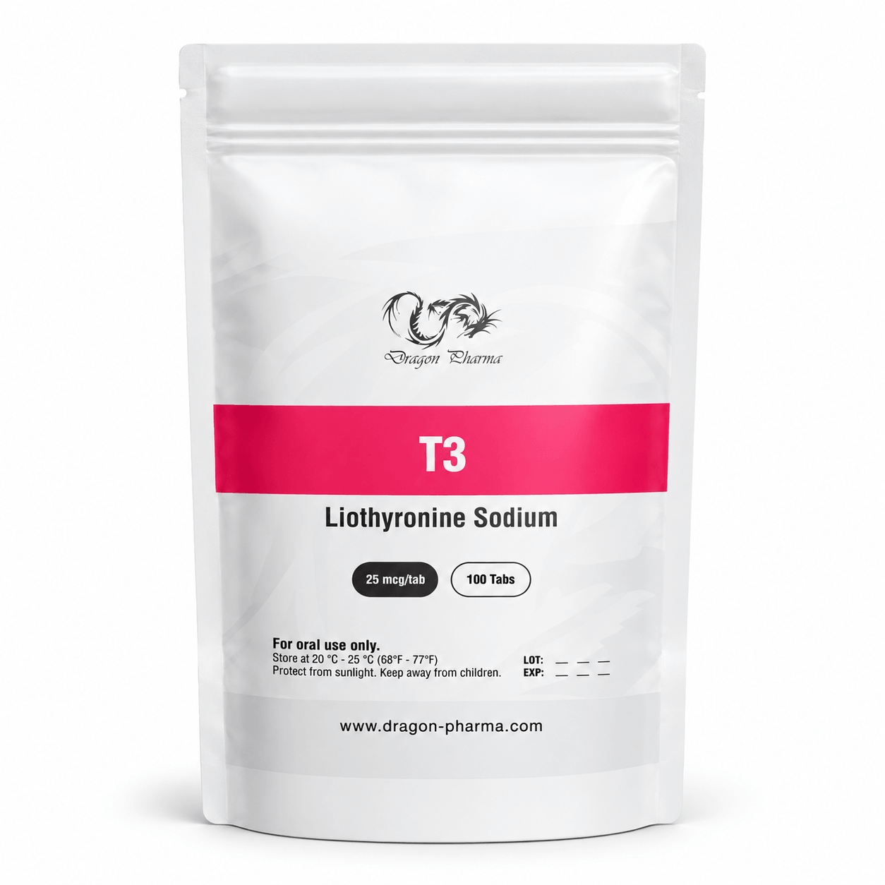 Dragon Pharma T3 Liothyronine Sodium 25 mcg tablet pouch containing 100 tablets on a clean white background.