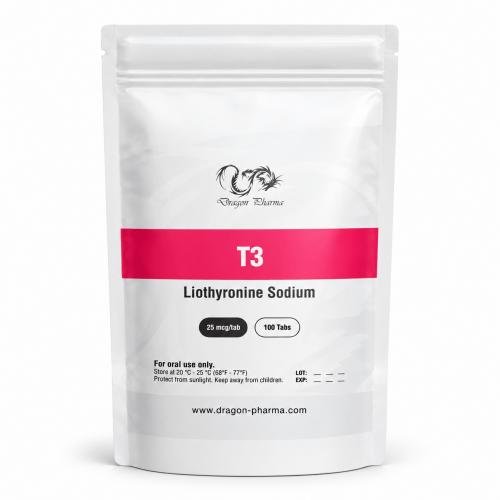 Dragon Pharma T3 Liothyronine Sodium 25 mcg tablet pouch containing 100 tablets on a clean white background.