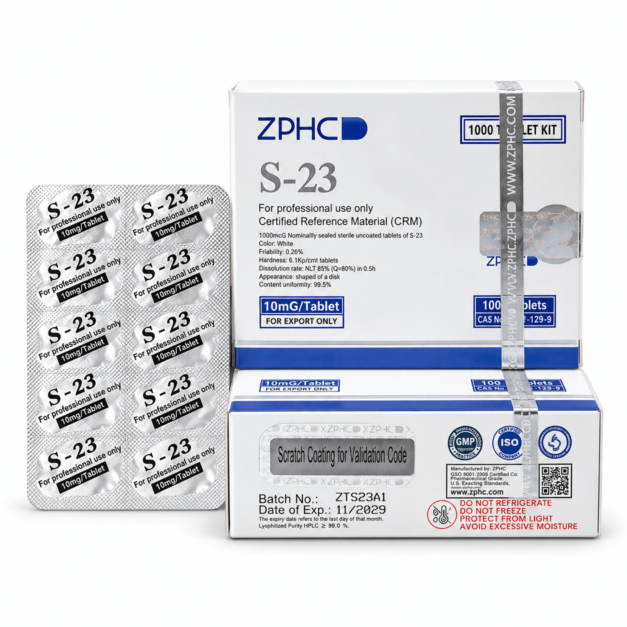 ZPHC S-23 10 mg tablet packaging with two white-and-blue boxes and a blister pack on a clean white background.