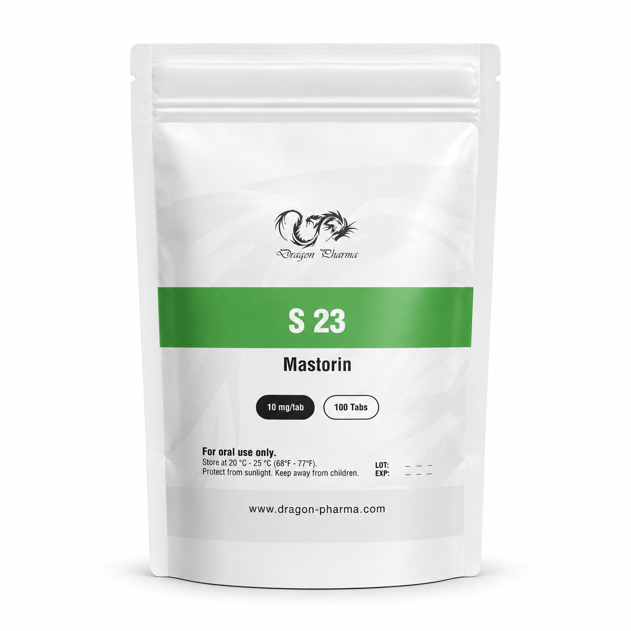 White Dragon Pharma S 23 Mastorin pouch, 10 mg per tablet, 100 tablets, isolated on a clean white background.