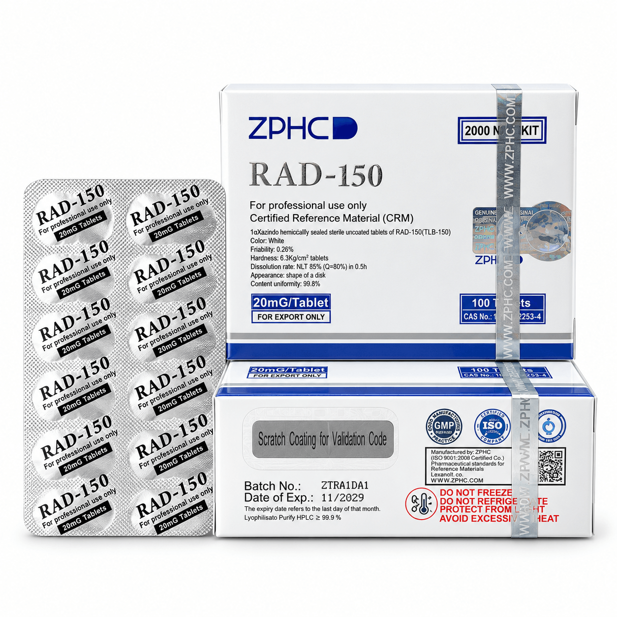 ZPHC RAD-150 product packaging with two white and blue boxes and a silver blister pack of 20 mg tablets, isolated on a white background.