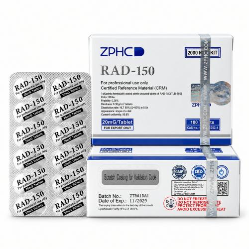ZPHC RAD-150 product packaging with two white and blue boxes and a silver blister pack of 20 mg tablets, isolated on a white background.