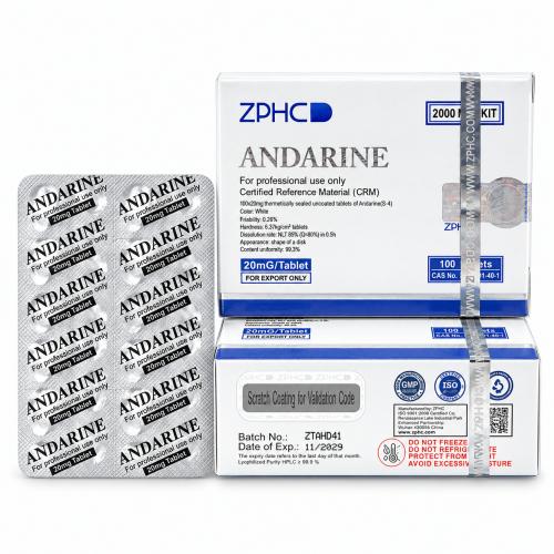 ZPHC Andarine (S-4) product packaging with two white and blue boxes and a silver blister pack of 20 mg tablets, isolated on a white background.