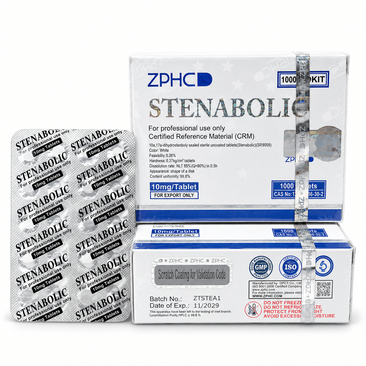 ZPHC Stenabolic (SR9009) product packaging with two white and blue boxes and a silver blister pack of 10 mg tablets, isolated on a white background.