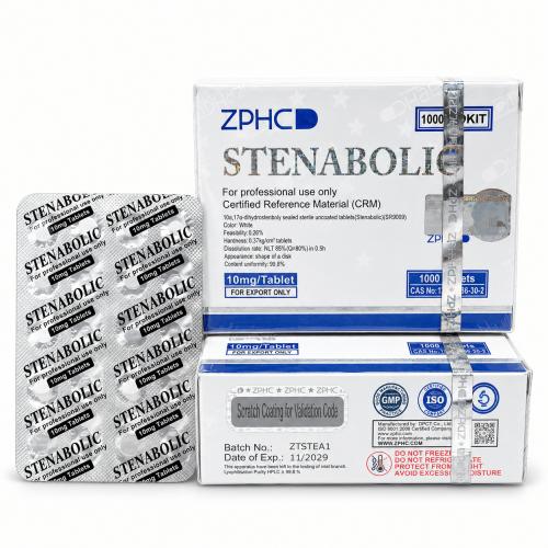 ZPHC Stenabolic (SR9009) product packaging with two white and blue boxes and a silver blister pack of 10 mg tablets, isolated on a white background.