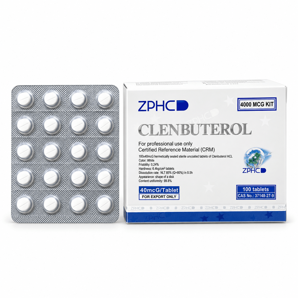 ZPHC Clenbuterol product box with a silver blister pack of 40 mcg white tablets, isolated on a clean white background.