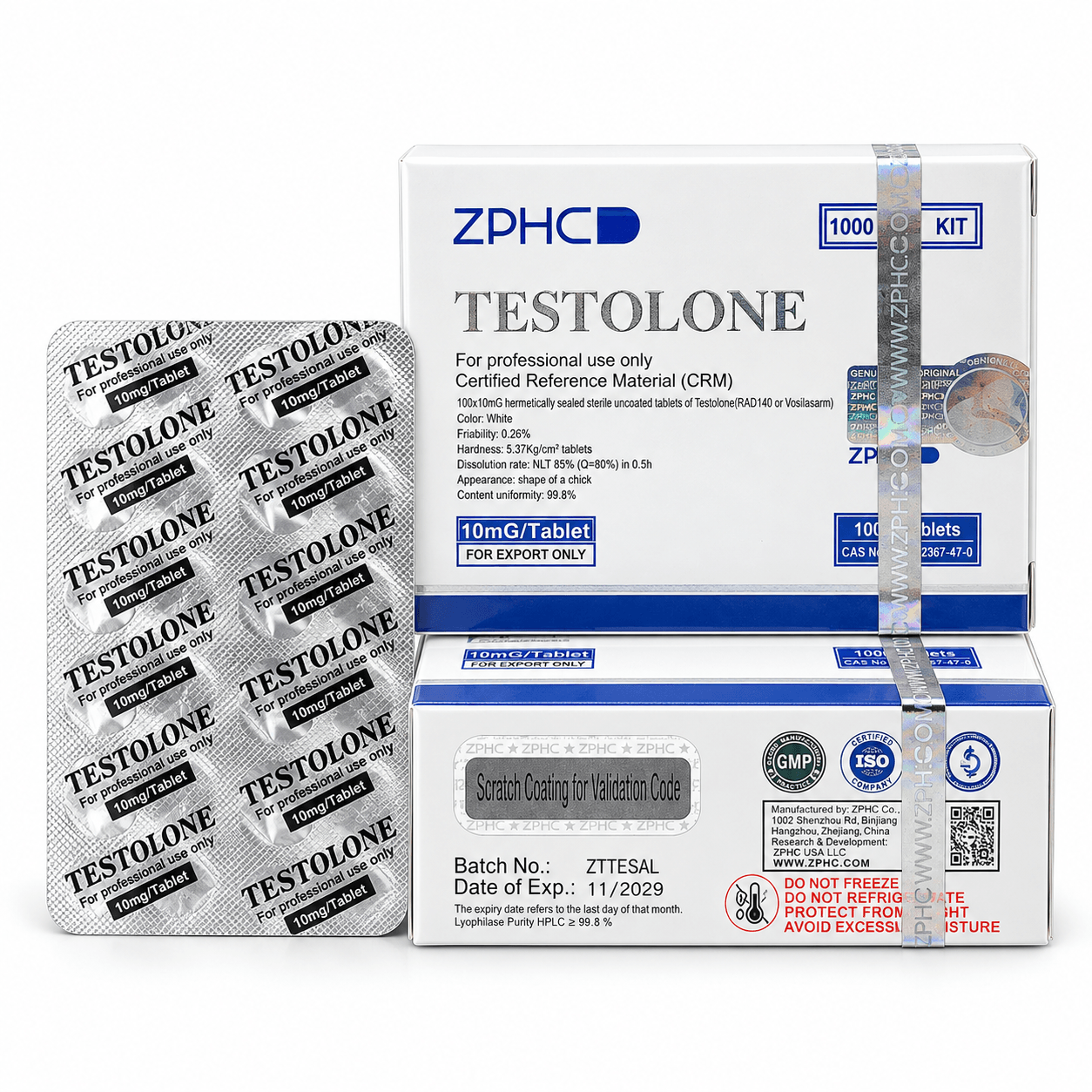 ZPHC Testolone product packaging with two white and blue boxes and a silver blister pack of 10 mg tablets, isolated on a white background.
