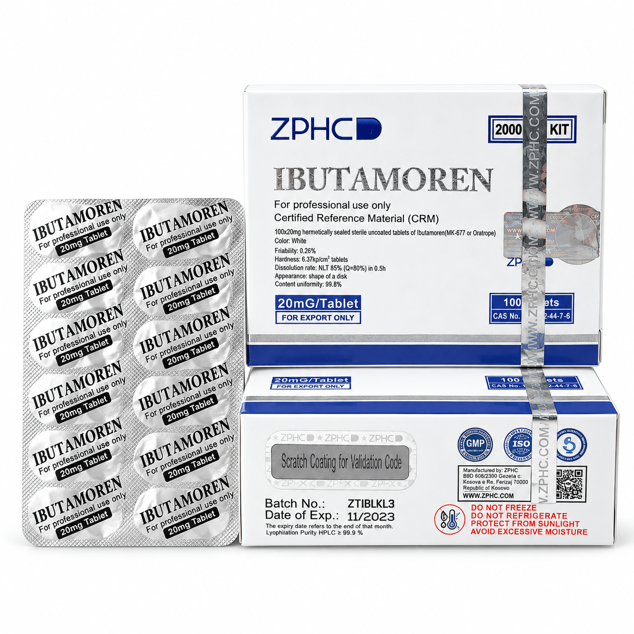 ZPHC Ibutamoren (MK-677) product packaging with two white and blue boxes and a silver blister pack of 20 mg tablets, isolated on a white background.