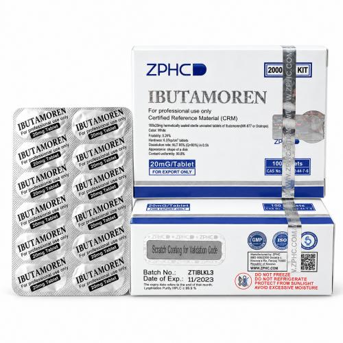 ZPHC Ibutamoren (MK-677) product packaging with two white and blue boxes and a silver blister pack of 20 mg tablets, isolated on a white background.