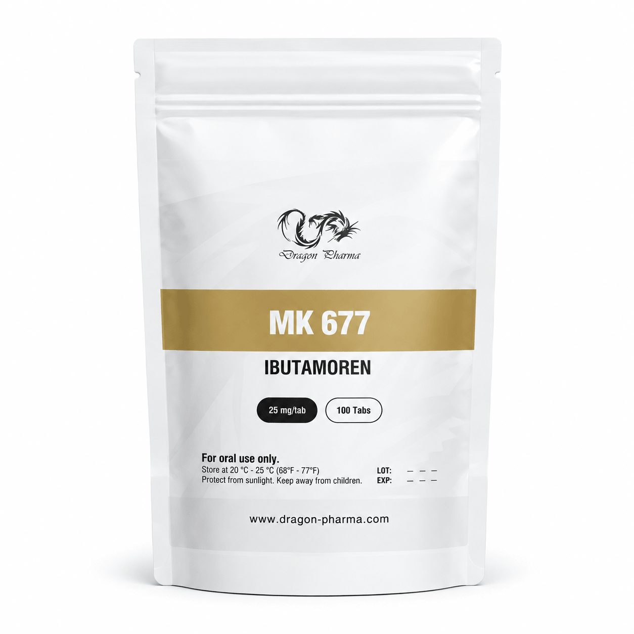 Dragon Pharma MK 677 Ibutamoren pouch, 25 mg per tablet, 100 tablets, isolated on a clean white background.