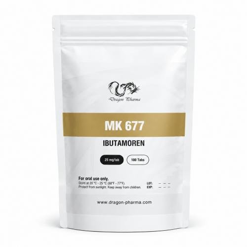 Dragon Pharma MK 677 Ibutamoren pouch, 25 mg per tablet, 100 tablets, isolated on a clean white background.
