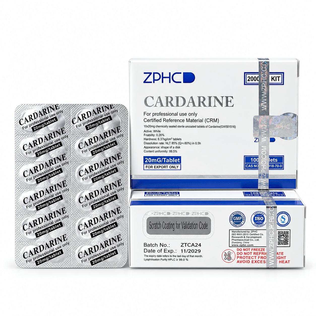 ZPHC Cardarine (GW501516) product packaging with two white and blue boxes and a silver blister pack of 20 mg tablets, isolated on a white background.