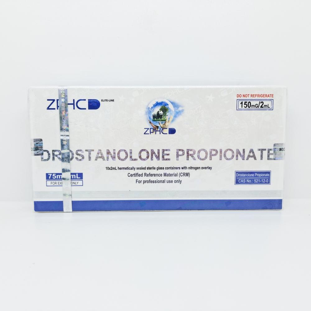 Drostanolone Propionate 75mg/ml 2ml ZPHC ampoule, representing a potent anabolic steroid used for muscle hardening, strength enhancement, and cutting cycles.