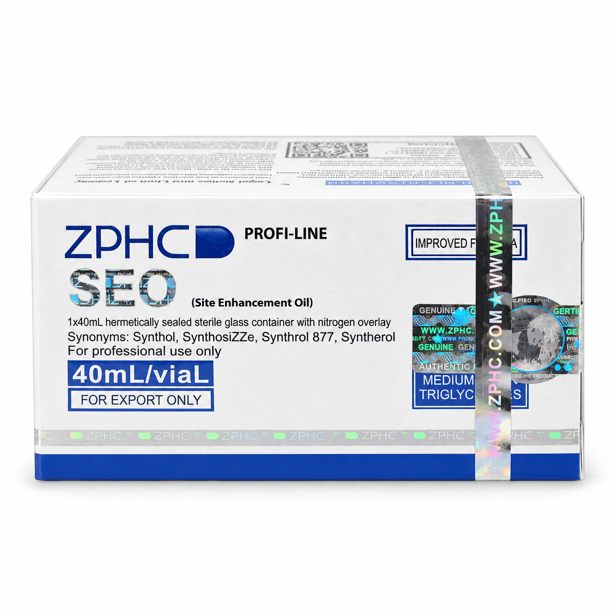 ZPHC SEO Site Enhancement Oil 40 mL vial packaging with holographic security seal, isolated on a clean white background.