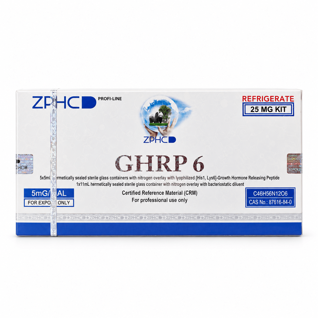 ZPHC GHRP-6 25 mg kit packaging with holographic security seals and refrigeration label, isolated on a clean white background.